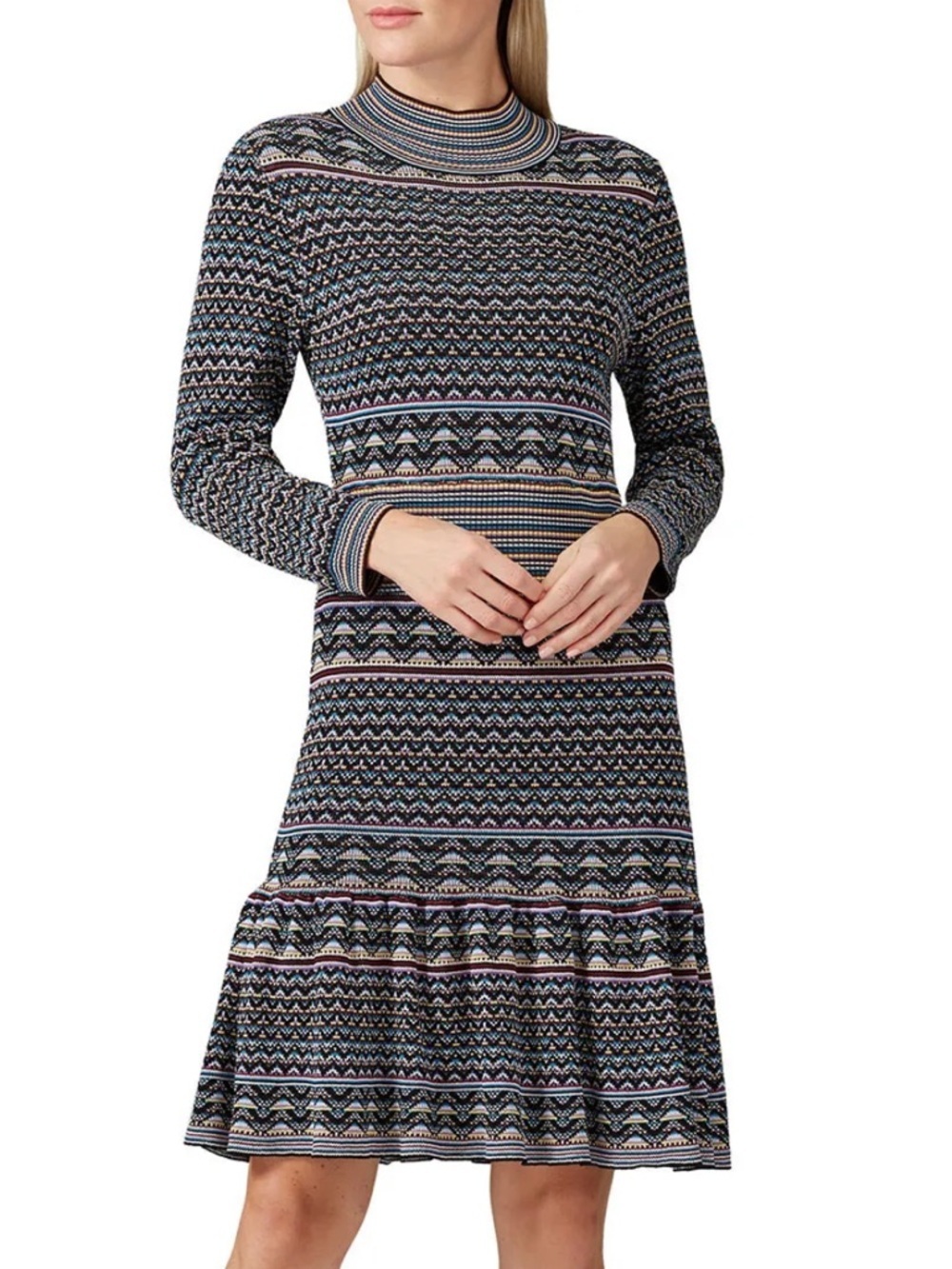 Shoshanna Black Multicolor Patterned Long-Sleeve Knit Dress! S